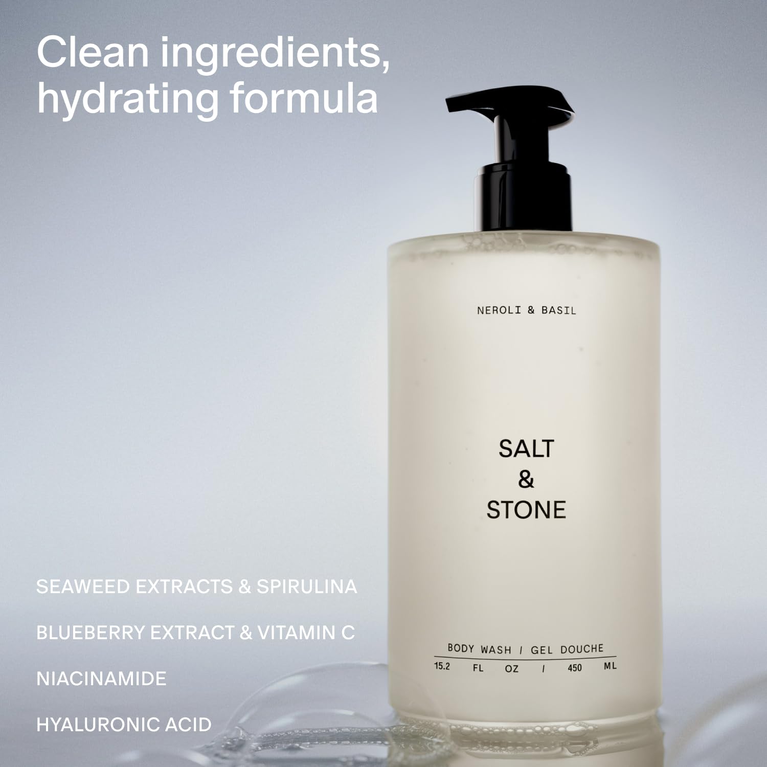 Mousse douce du gel Neroli Basil pour une peau hydratée après la douche.
