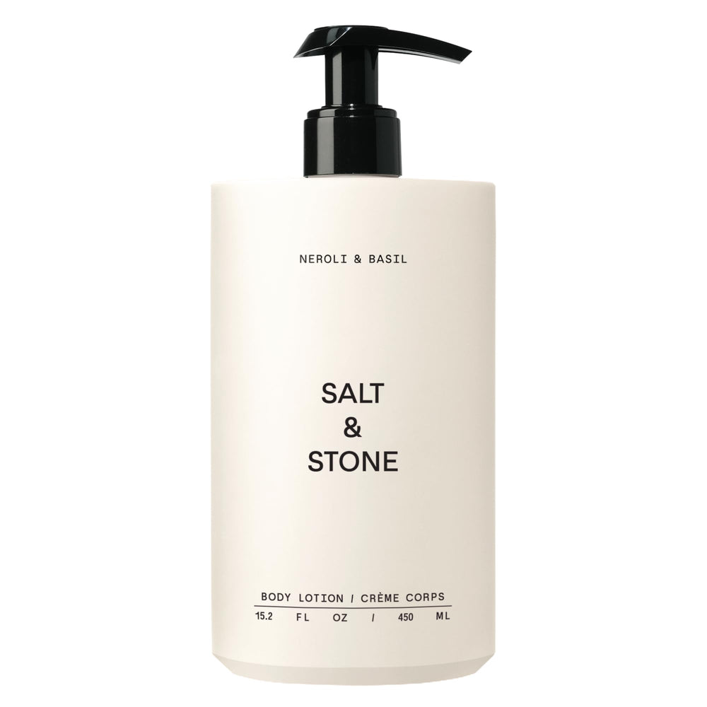 Salt & Stone Lotion Corps Neroli Basil, bouteille 450 ml, hydratation rapide et parfum frais.