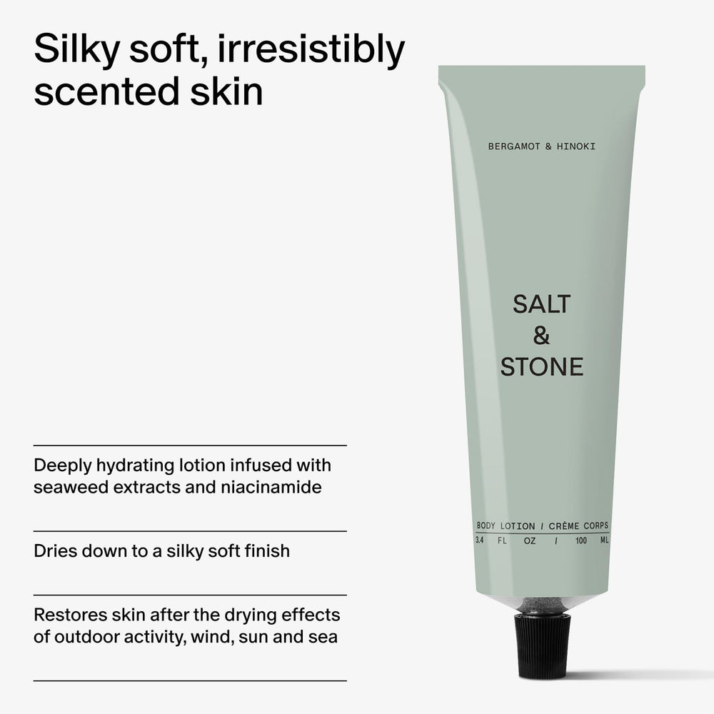 Salt & Stone Lotion Corps Bergamot Hinoki — parfum citrus-boisé et moment d’aromathérapie.