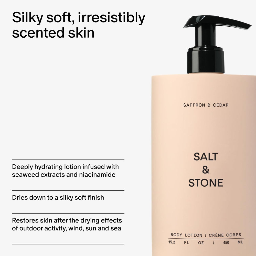 Peau hydratée et confortable après l’application de Salt & Stone.