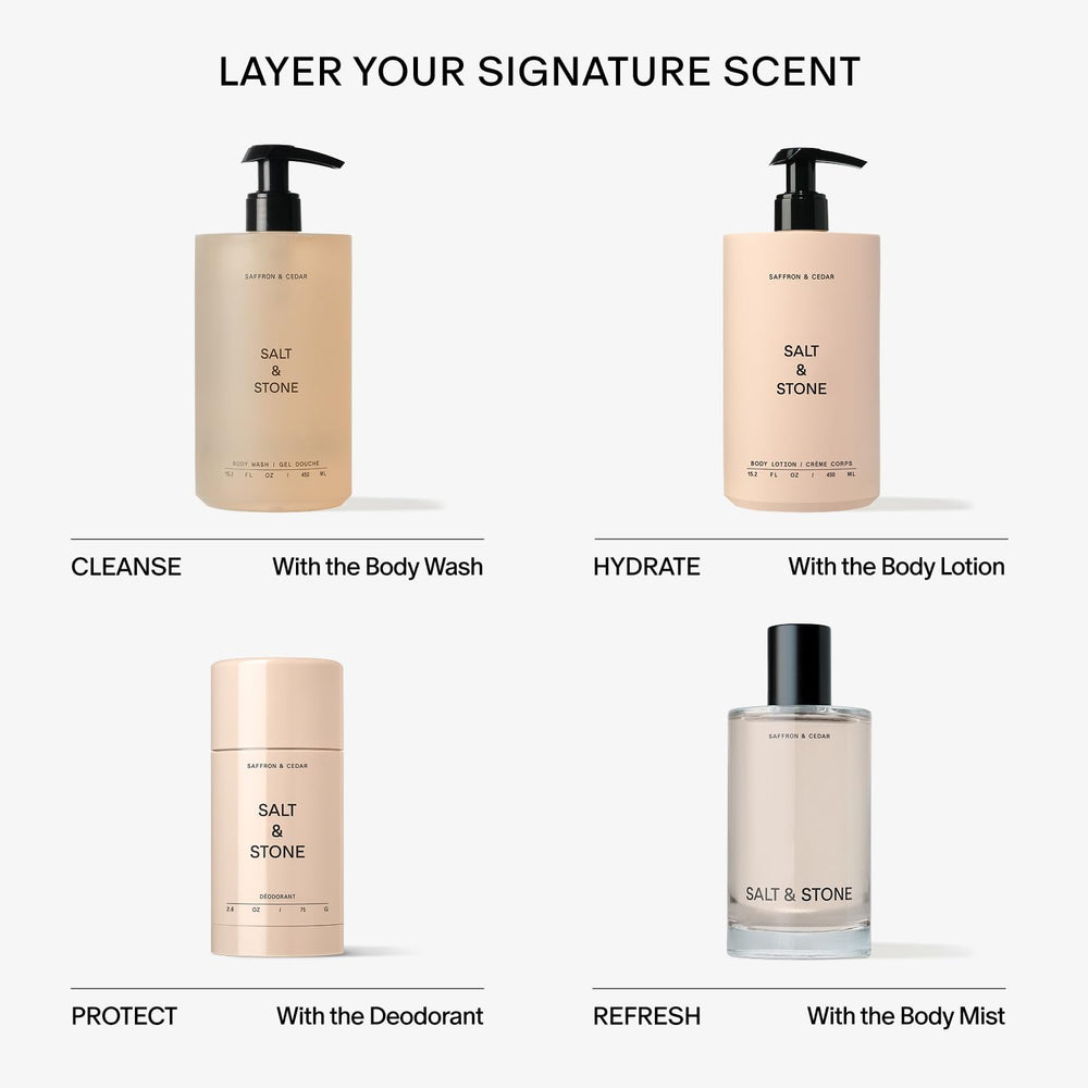 Routine de soin unisexe quotidienne avec Salt & Stone Lotion Safran & Cèdre.