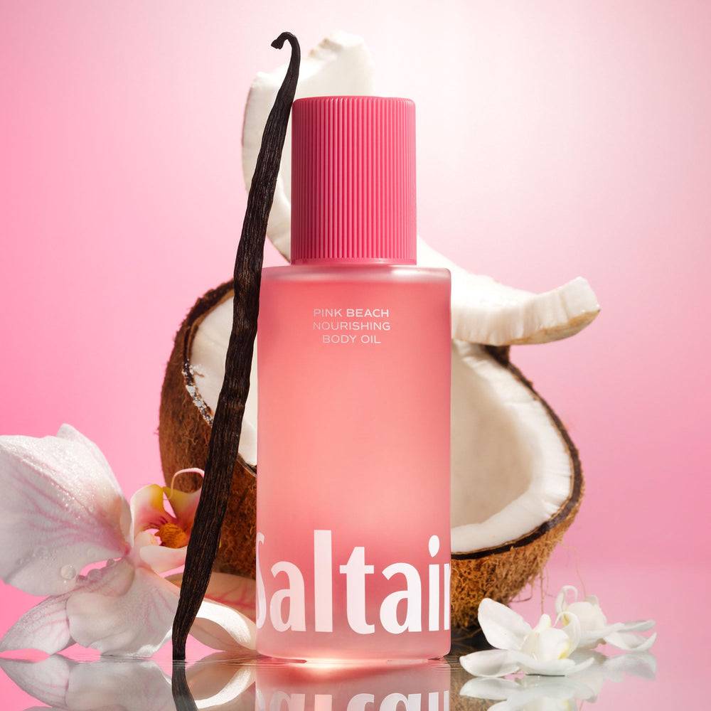 Saltair huile corps rose plage application rapide sur peau humide.
