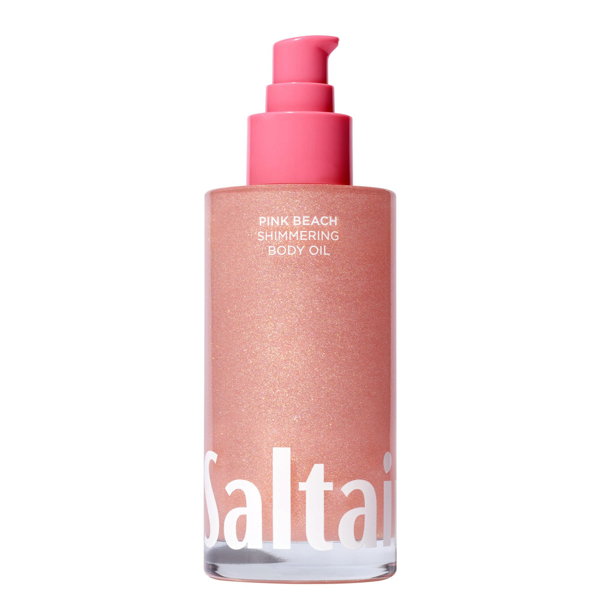 Saltair huile-corps-scintillante dans flacon pompe rose, hydratation légère et éclat subtil.
