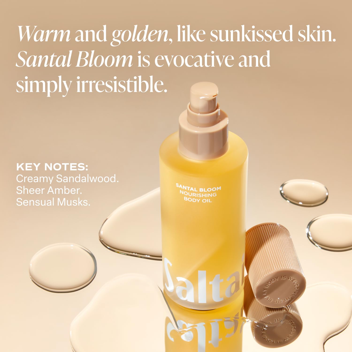Saltair Santal Bloom – texture légère qui laisse la peau veloutée sans film gras.