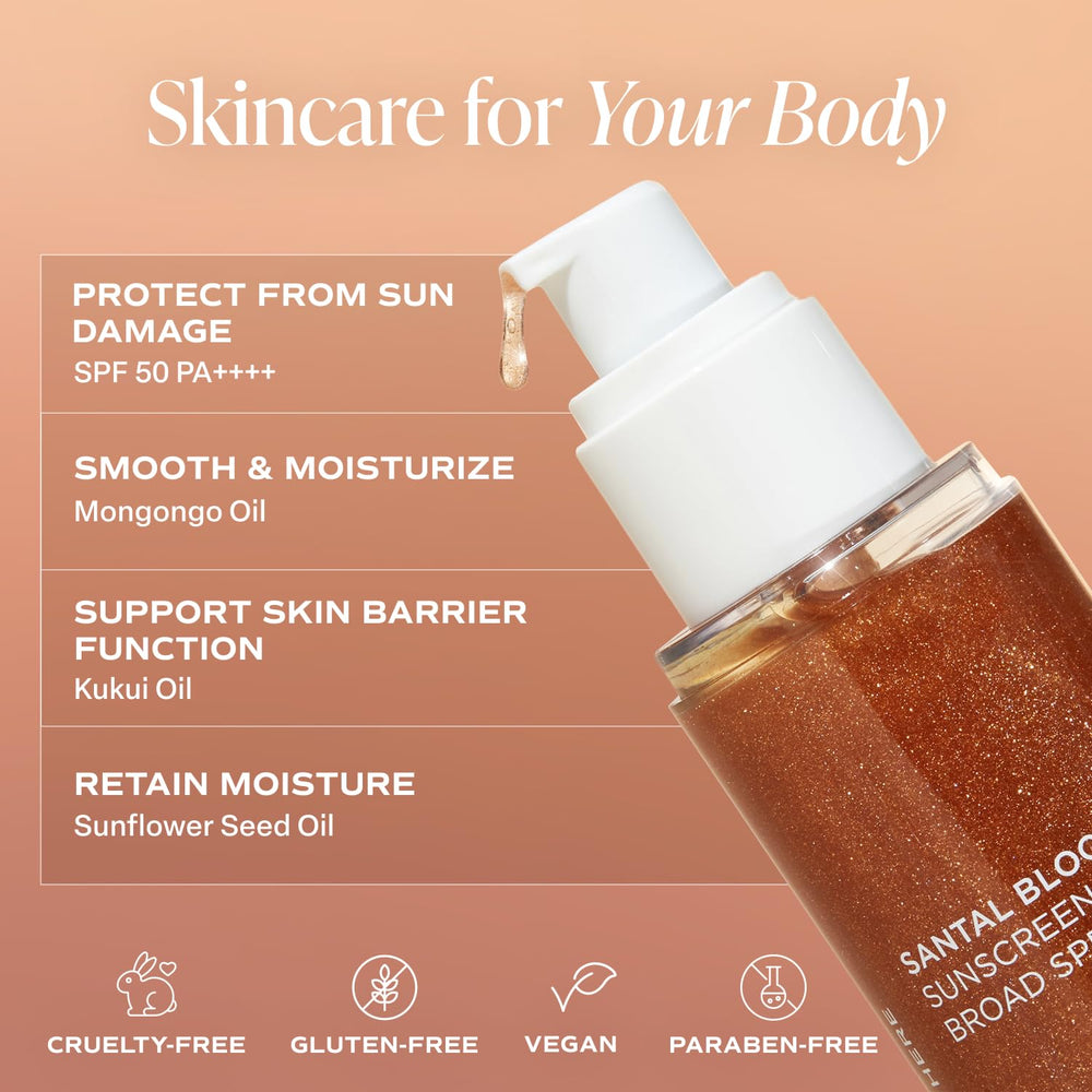 Saltair SPF Body Oil, plan rapproché sur le parfum Santal Bloom élégant