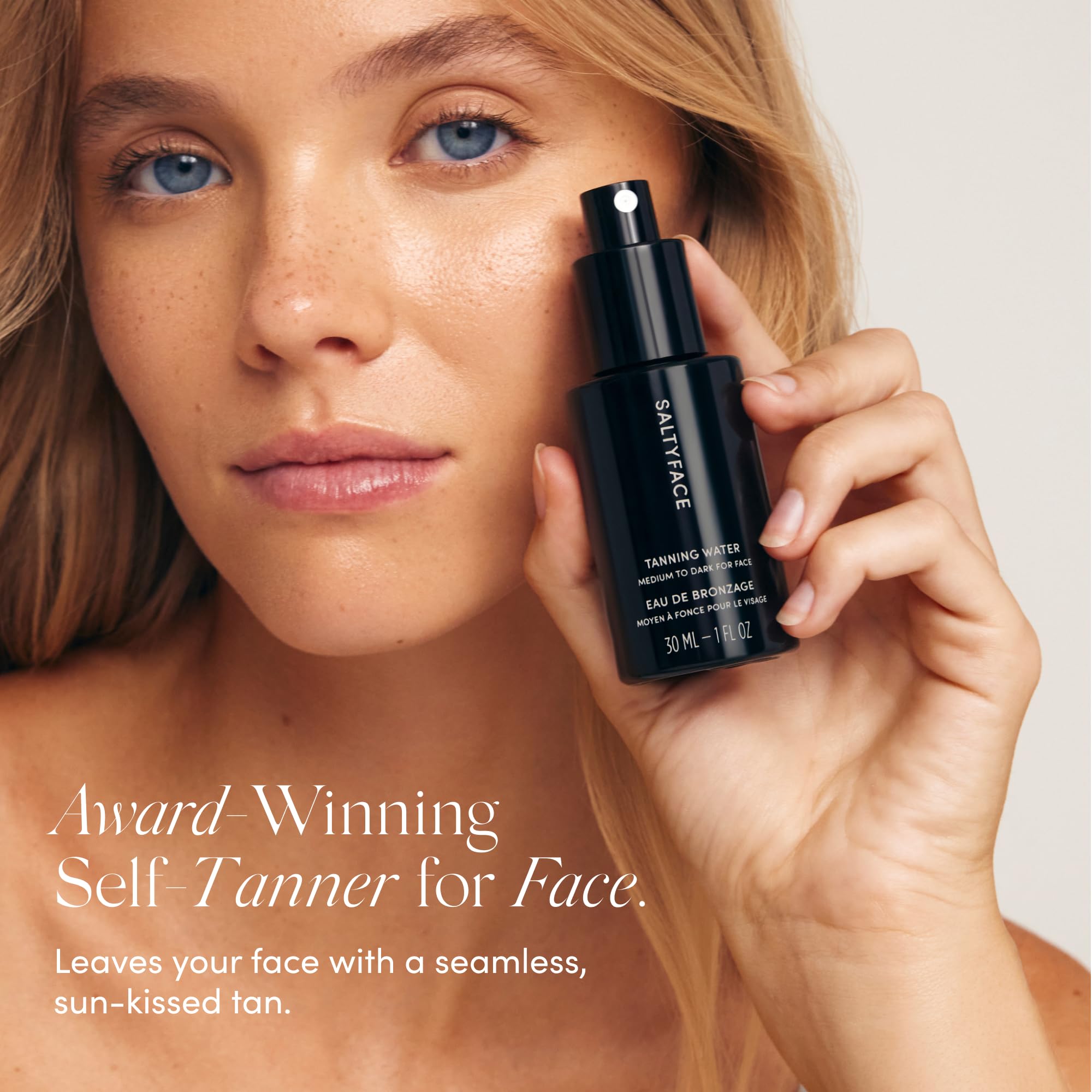 SALTYFACE eau bronzante cou-décolleté, hydratation et éclat uniforme.