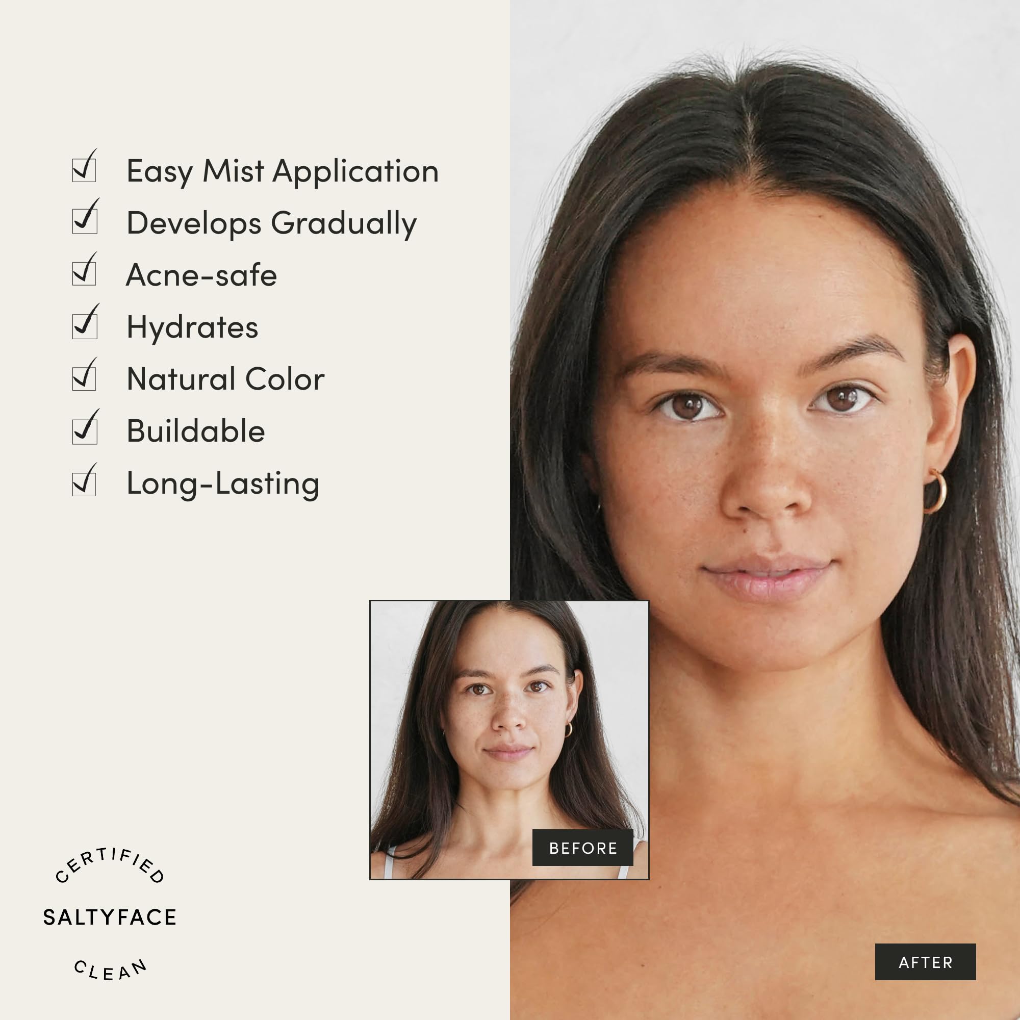 SALTYFACE Eau bronzante poitrine et dos — tenue naturelle et lumineuse.