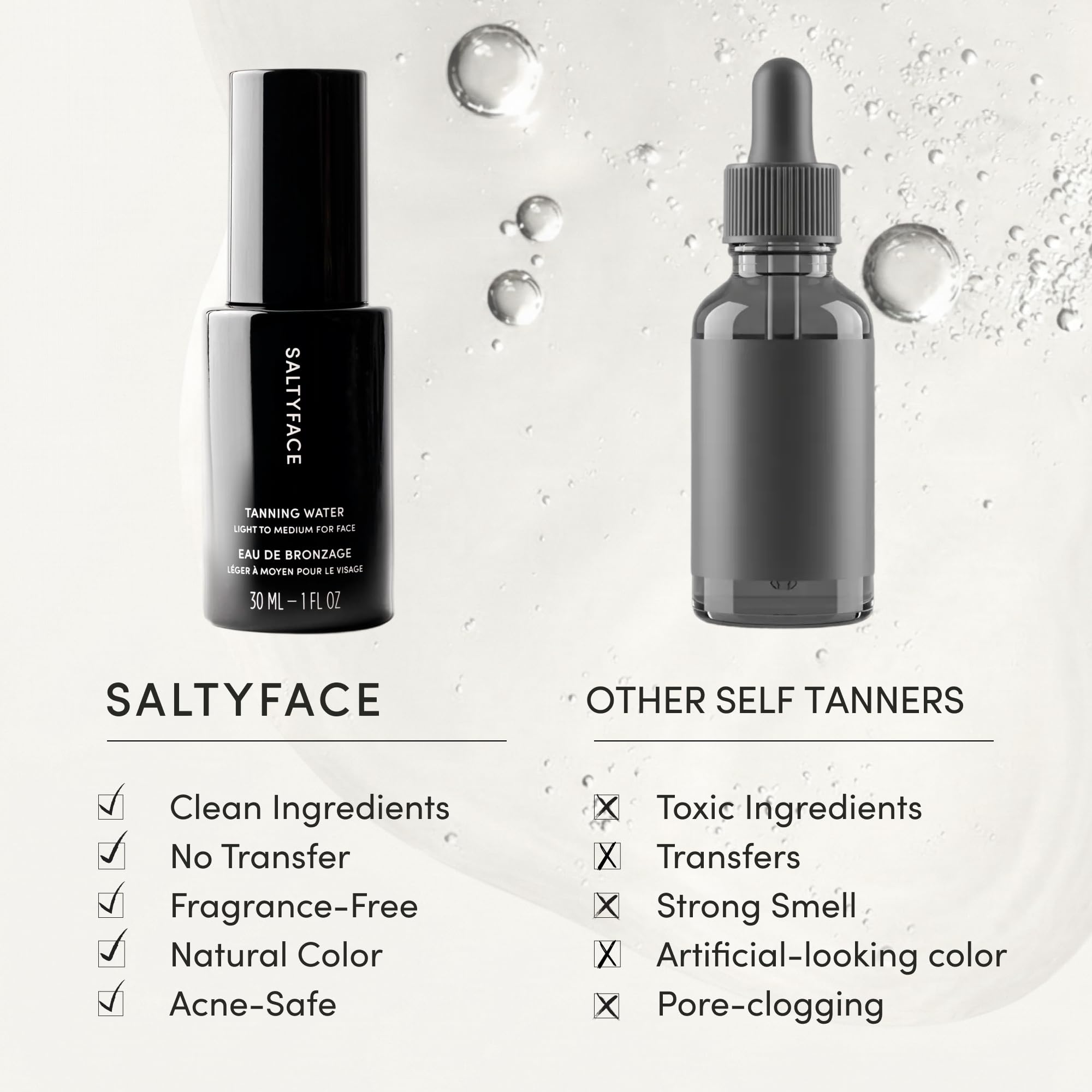 SALTYFACE eau bronzante routine matin, étape rapide dans votre rituel quotidien.