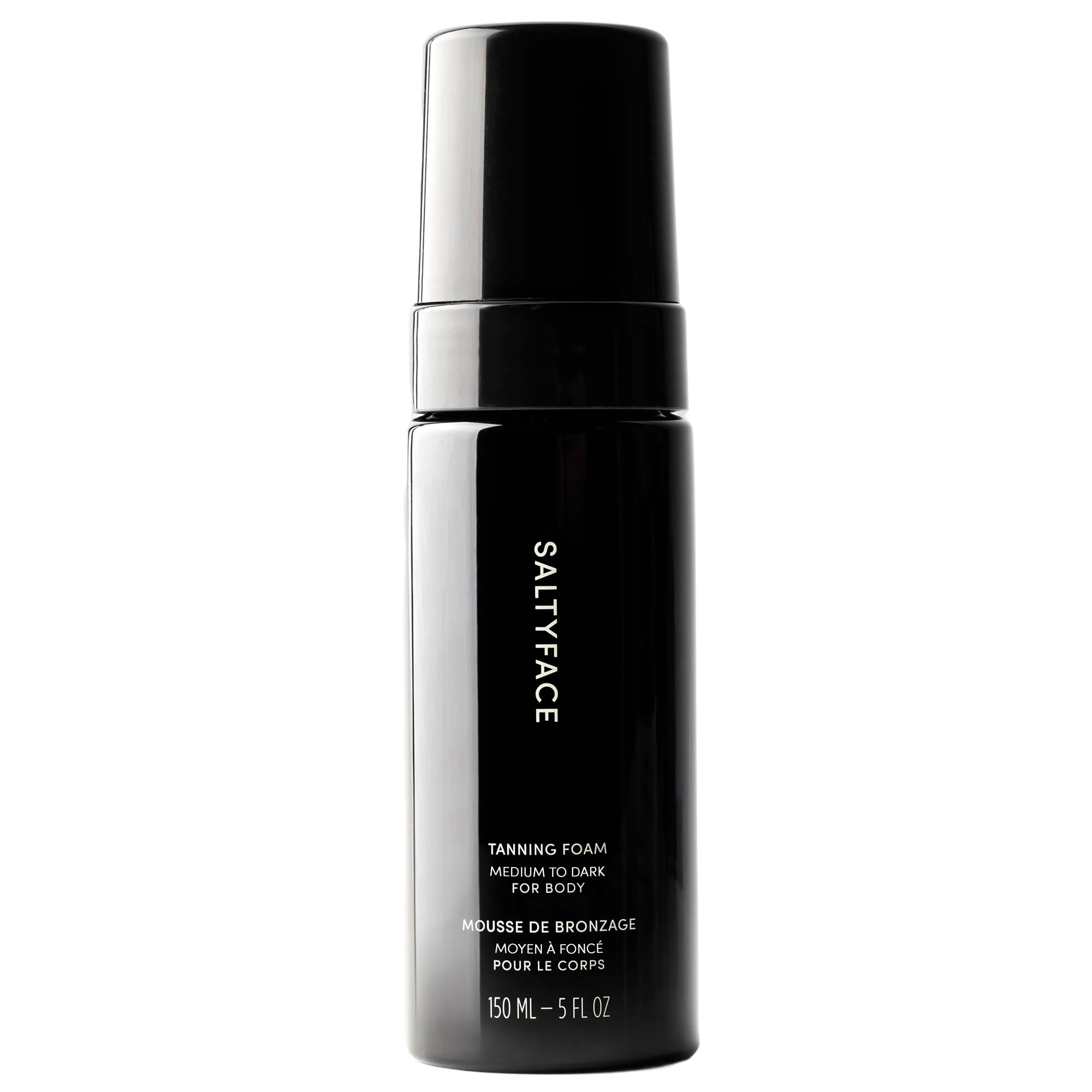 SALTYFACE Mousse Autobronzante, bouteille visible, bronze naturel sans transfert.
