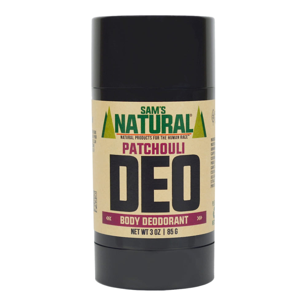 Sam's Natural Déodorant Patchouli en tube – parfum musqué et durable, fraîcheur tout au long de la journée.