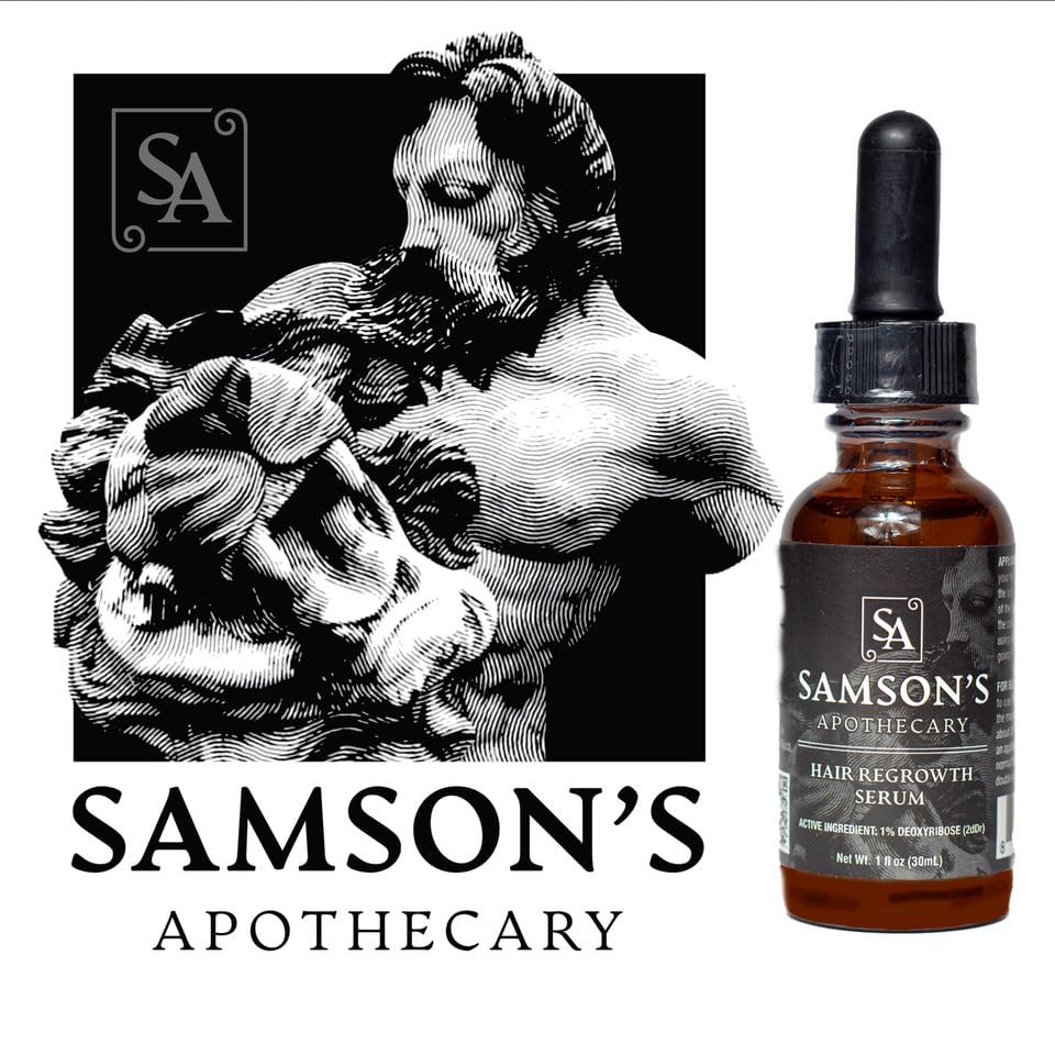 Étiquette claire et packaging soigné du sérum Samson's Apothecary.