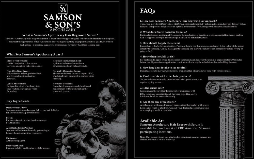 Gouttes du sérum régénération Samson's Apothecary déposées sur les racines pour une absorption rapide.