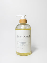 Sand + Fog Savon mains citron-verbena, flacon-pompe, hydratant et parfum frais.
