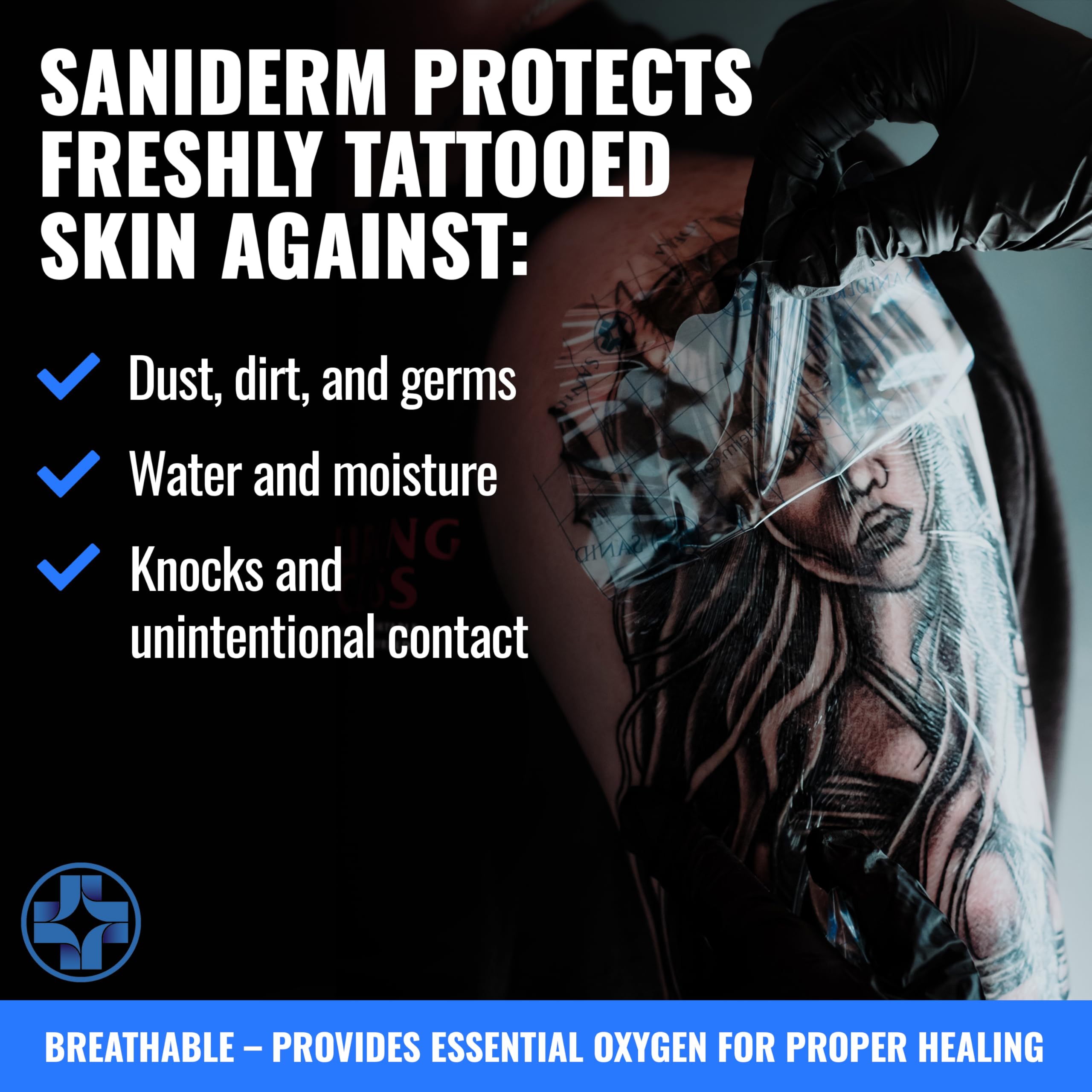 Applying Saniderm bandage step-by-step on a fresh tattoo