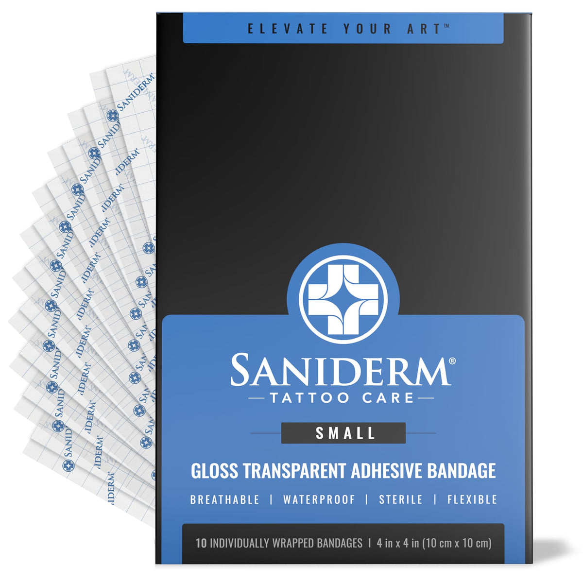 Saniderm bandage original emballage : présentation de l’emballage prêt à l’emploi.
