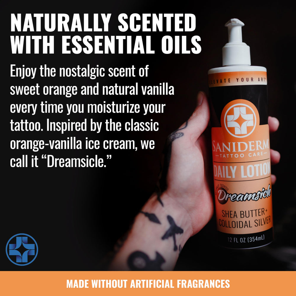 Saniderm Daily Tattoo Lotion — argent colloïdal et parfum doux pour une expérience agréable.