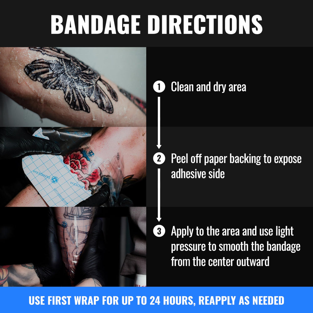 Day-one tattoo care with Saniderm bandage in use