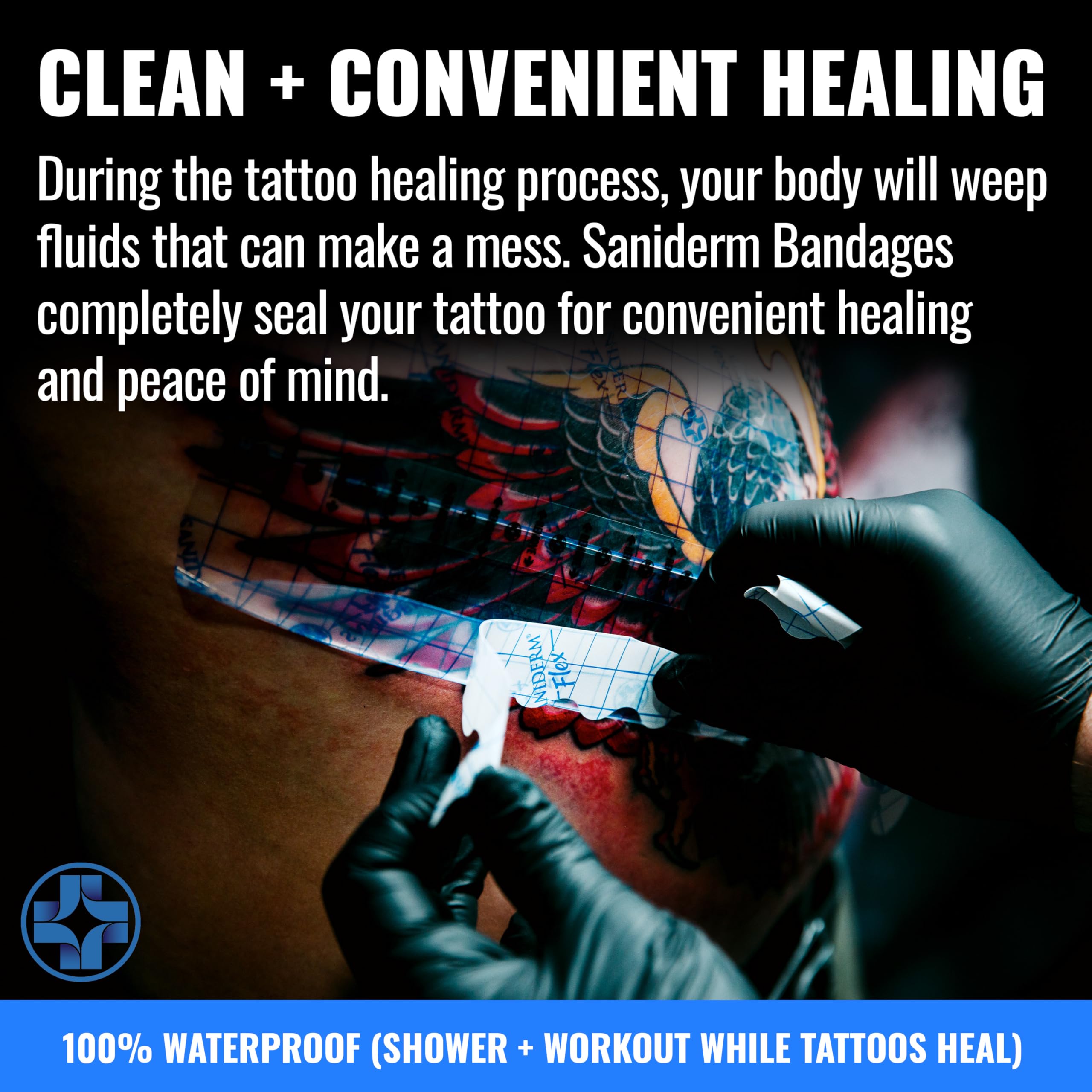 Usage quotidien facilité avec Saniderm Flex Bandage, couverture complète du tatouage.