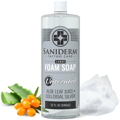 Savon moussant Saniderm en bouteille 32oz pour nettoyer et préparer la peau tatouée.