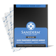 Saniderm Original bandage packaging shown for clean tattoo care