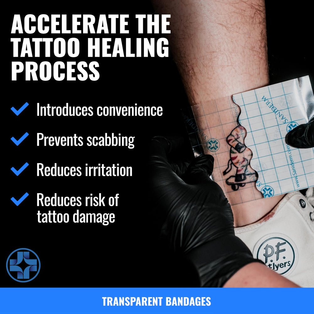 Waterproof Saniderm bandage protecting a tattoo while showering