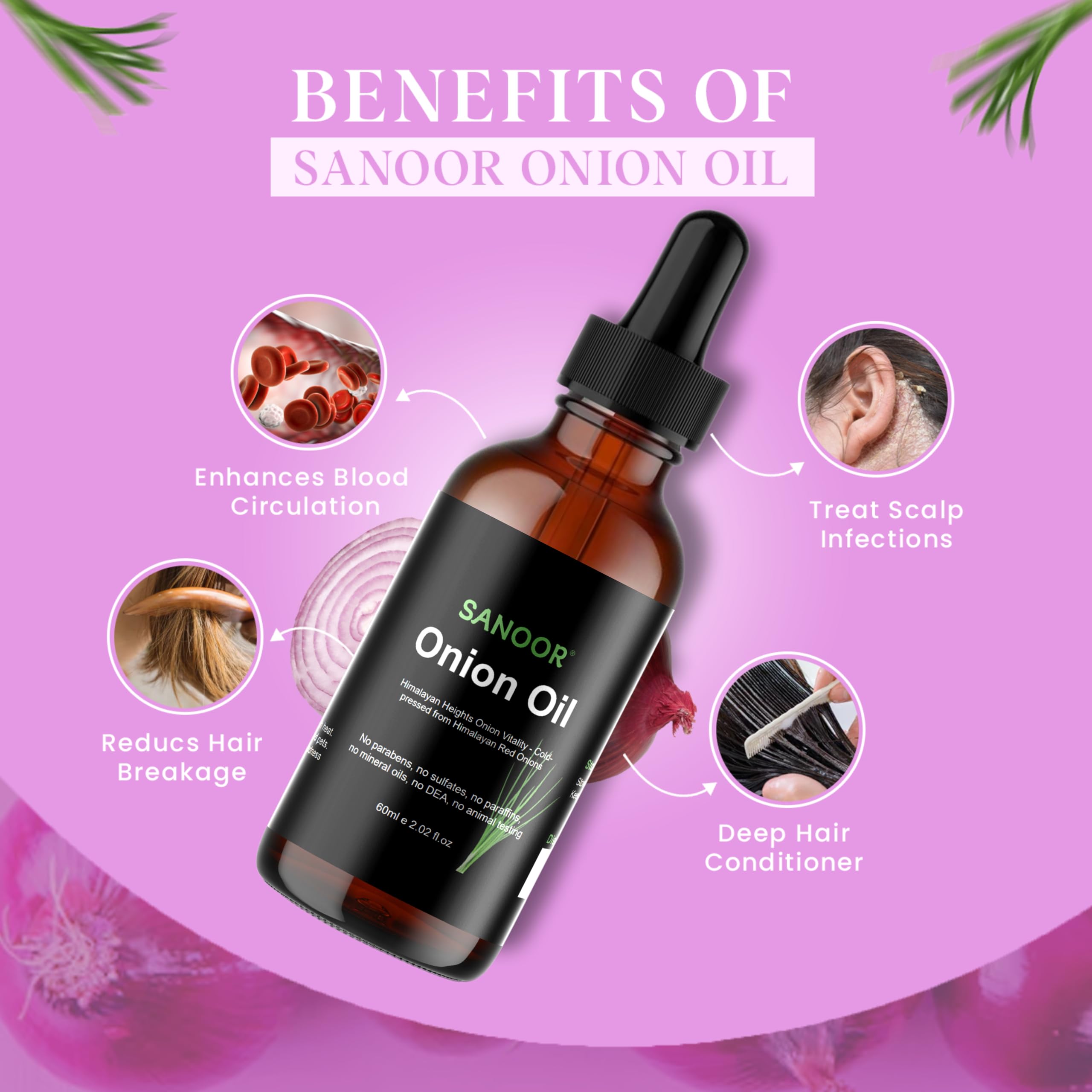 SANOOR huile d'oignons rouges Himalaya avec pipette-verre, facilité d'application et nutrition.