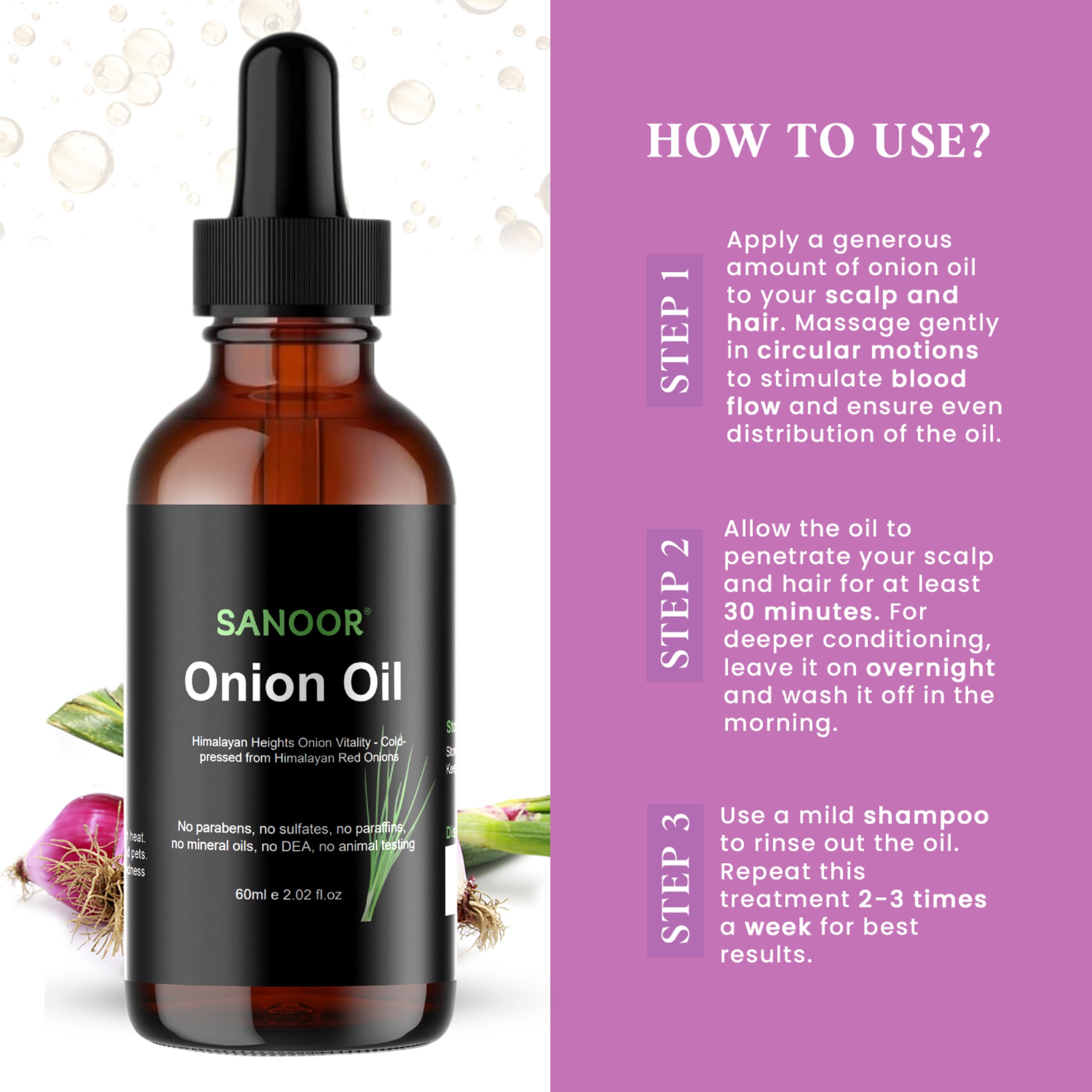 SANOOR huile oignons rouges Himalaya, soin quotidien pour cheveux hydratés.