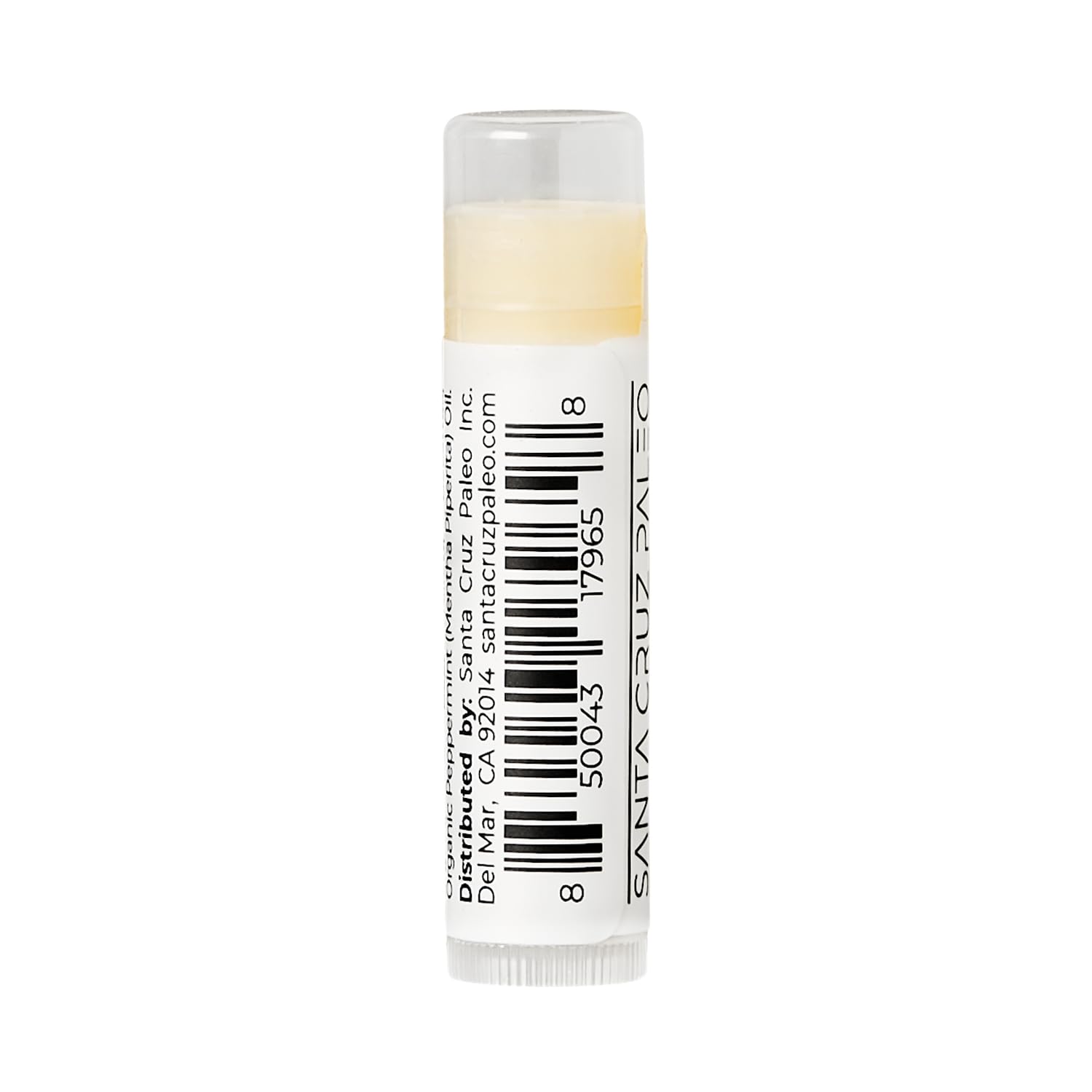 Santa Cruz Paleo lip balm on lips suggests long-lasting wear.