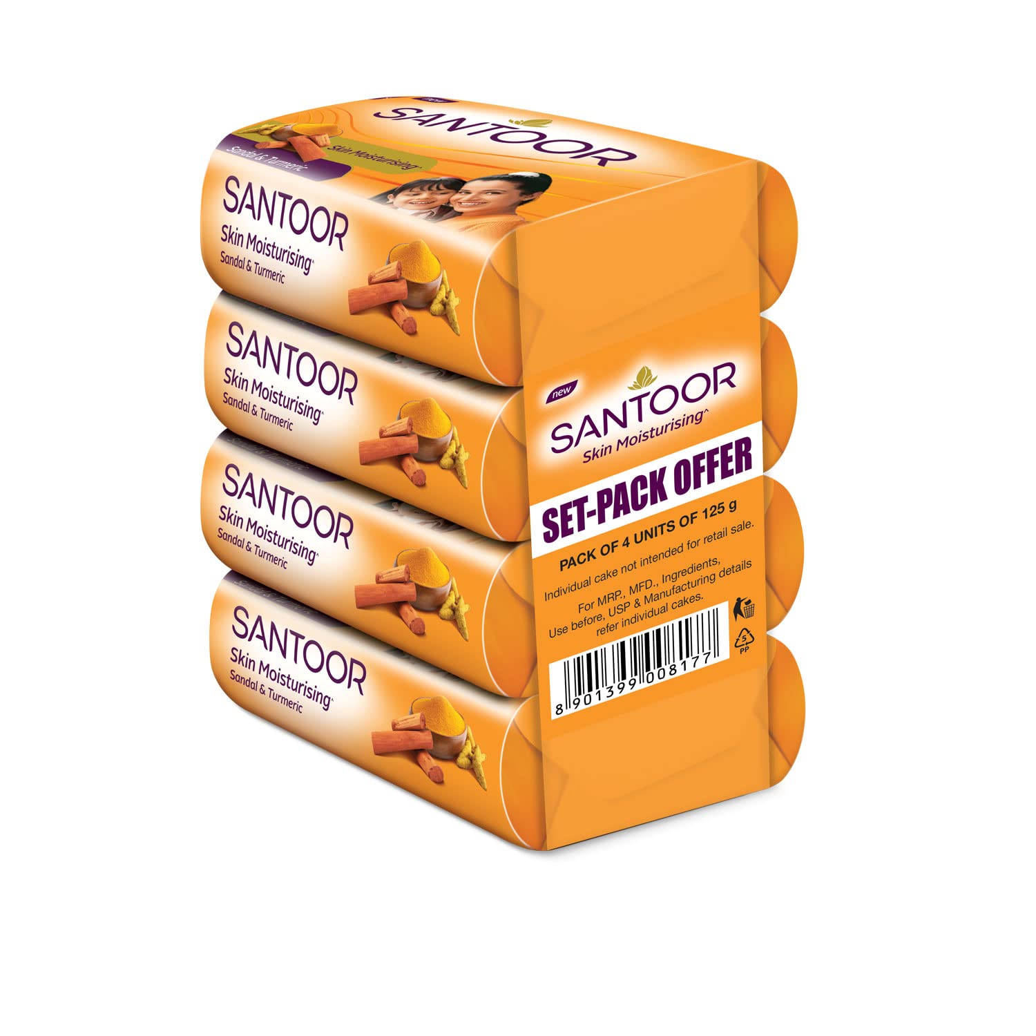 Santoor savon santal et curcuma, bloc de 125 g, texture douce pour la peau.