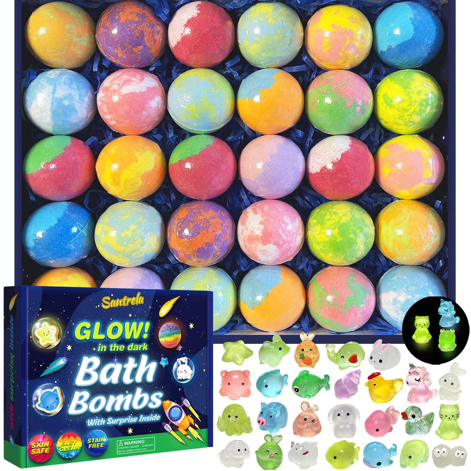 Bombes de bain Santrela pour enfants avec surprise lumineuse dans une boîte cadeau.