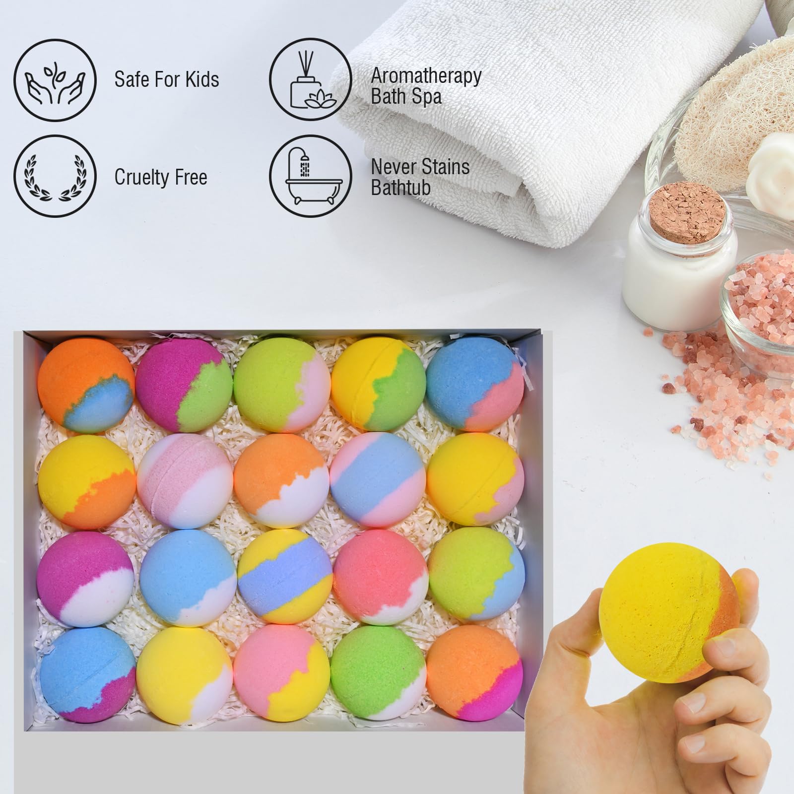 Bombes bain Santrela sans taches : couleurs se nettoient facilement après bain.
