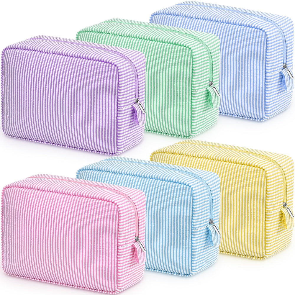 Pochette ensemble 6 cosmétiques Sanwuta en seersucker, rangement pratique pour voyage.
