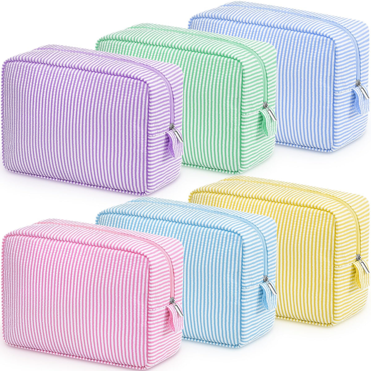Pochette ensemble 6 cosmétiques Sanwuta en seersucker, rangement pratique pour voyage.