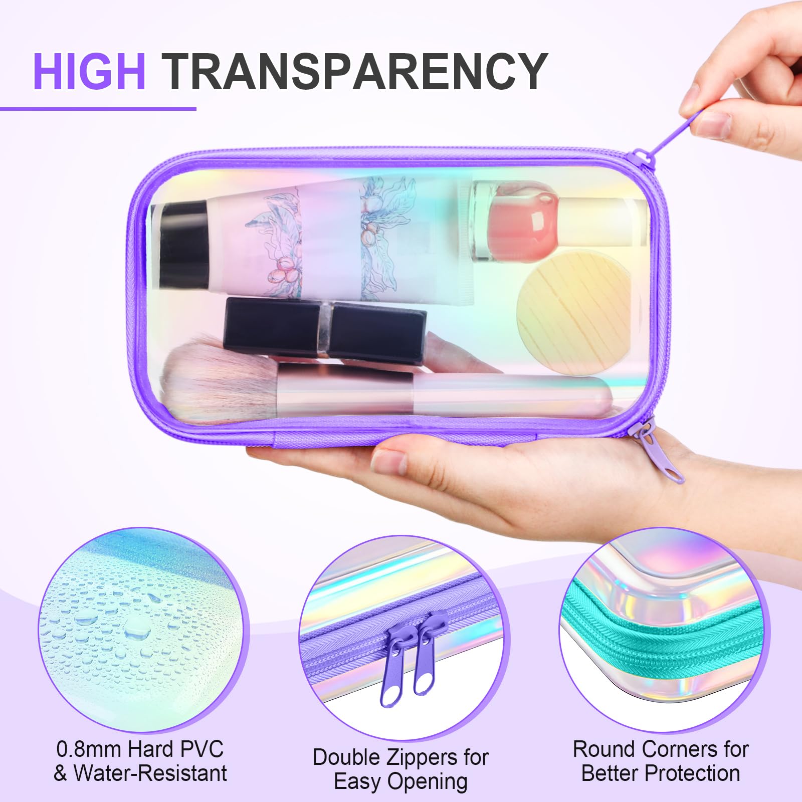 Sanwuta pochette zippees transparentes rigide, idéale pour maquillage en déplacement.