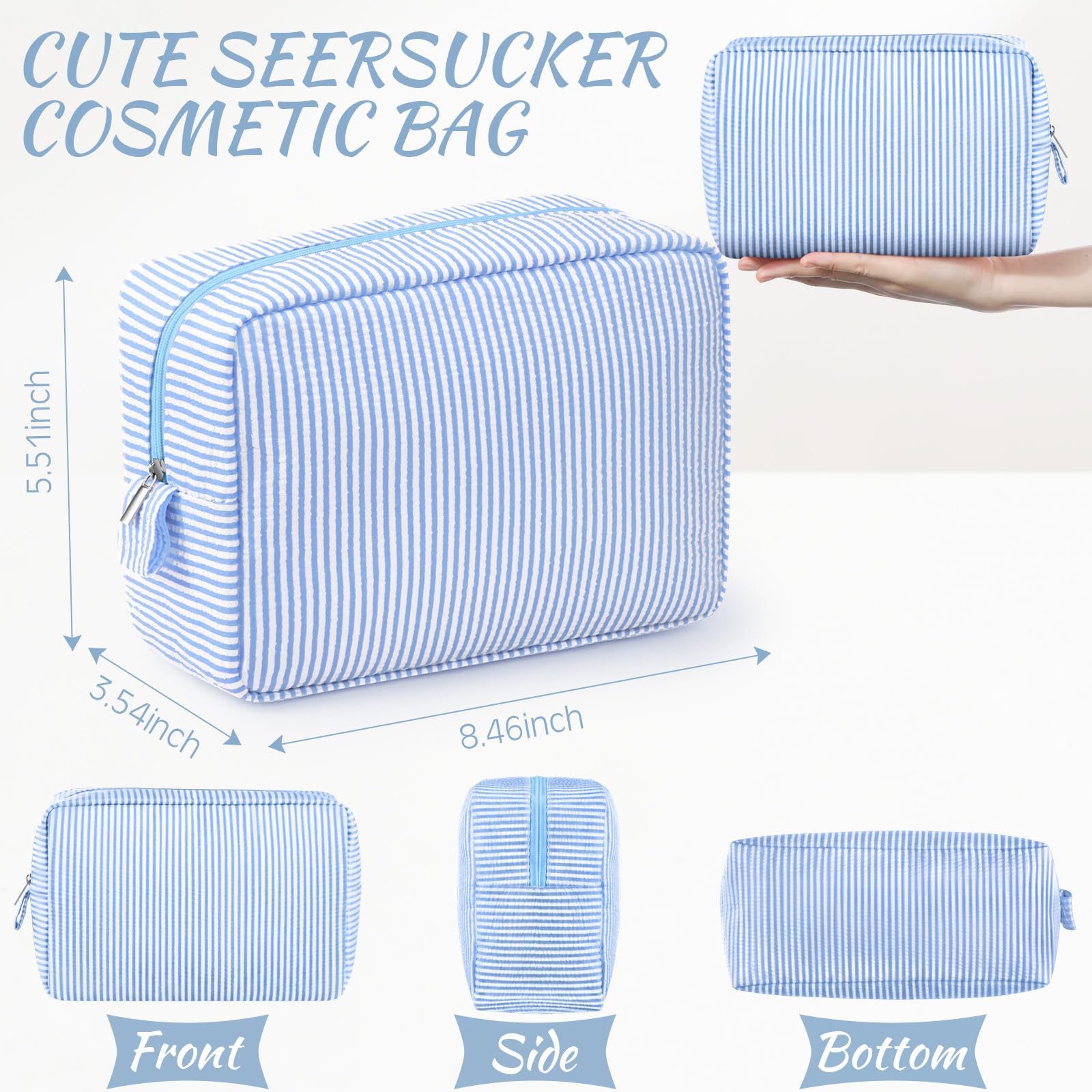 Trousse cosmétiques Sanwuta seersucker bleu clair, organisation pratique en déplacement.