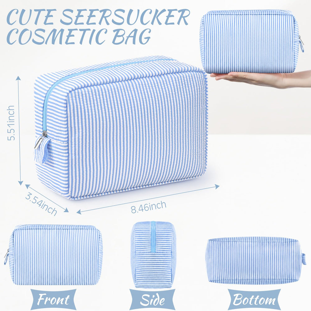 Trousse cosmétiques Sanwuta seersucker bleu clair, organisation pratique en déplacement.