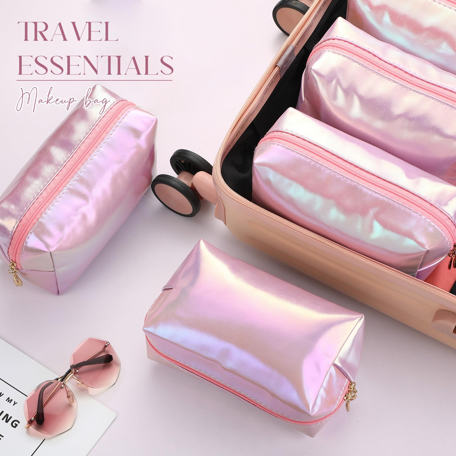 Sanwuta trousse maquillage rose laser portable pour voyage et rangement.