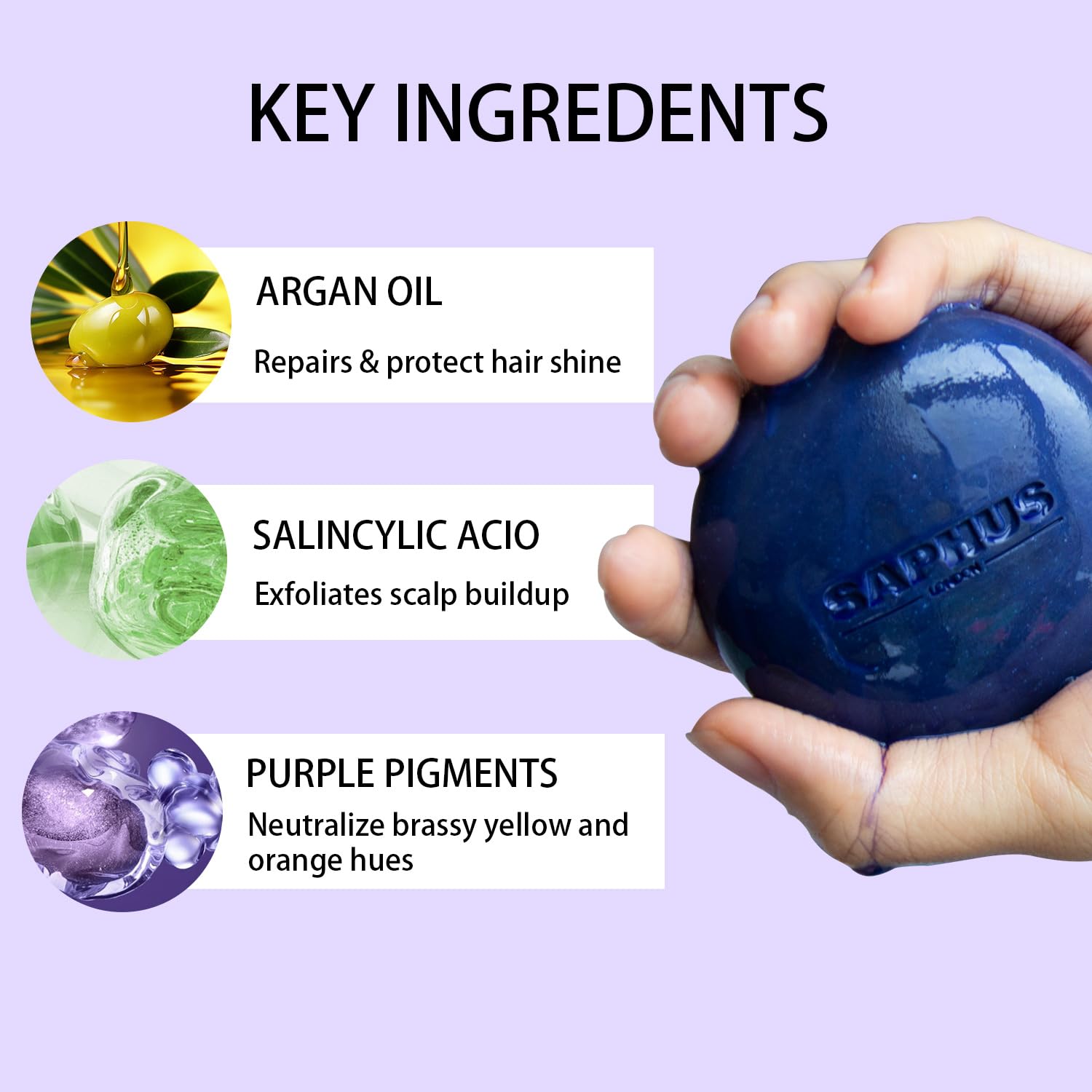 SAPHUS barre-shampoing violet enrichi en huile d argan pour le cortex capillaire.
