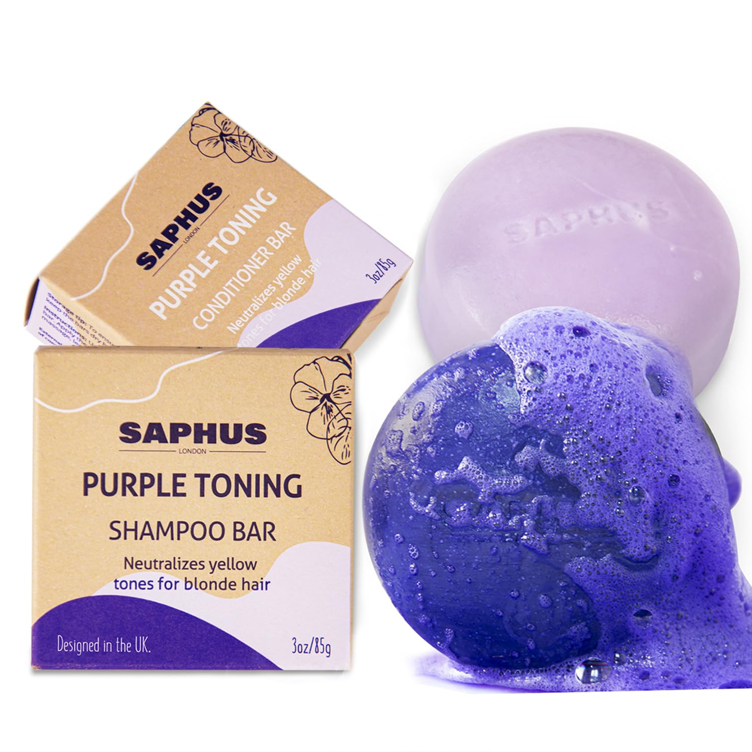 SAPHUS barre-shampoing violet neutralise les reflets jaunes et orangés.