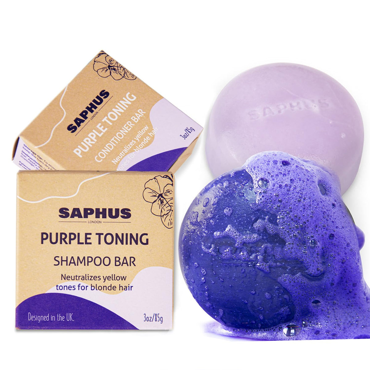 SAPHUS barre-shampoing violet neutralise les reflets jaunes et orangés.