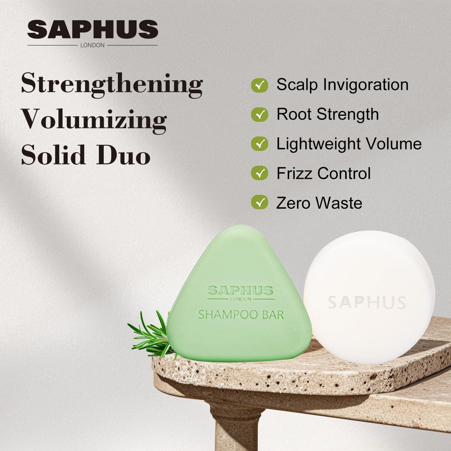 SAPHUS Rosemary Oil Shampoo Bar close-up highlighting rosemary benefits for scalp refresh.