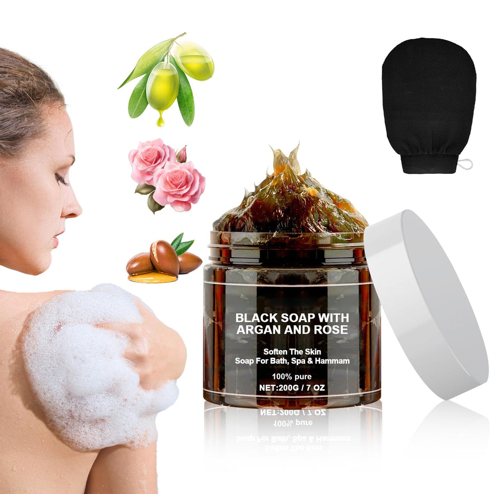 Satasiam savon noir marocain argan et rose, barre hydratante et purifiante.
