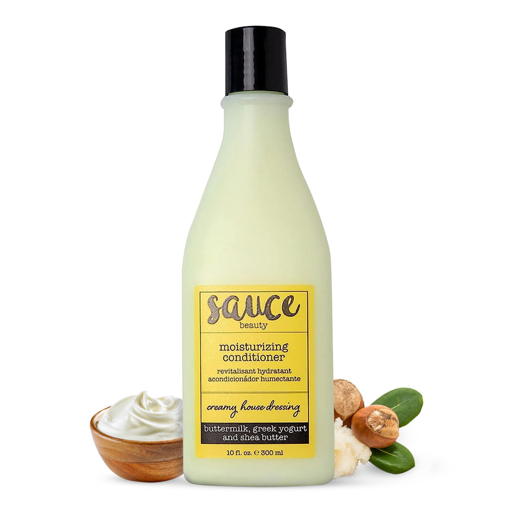 SAUCE BEAUTY Creamy House Dressing en bouteille, prêt à démêler les cheveux bouclés.