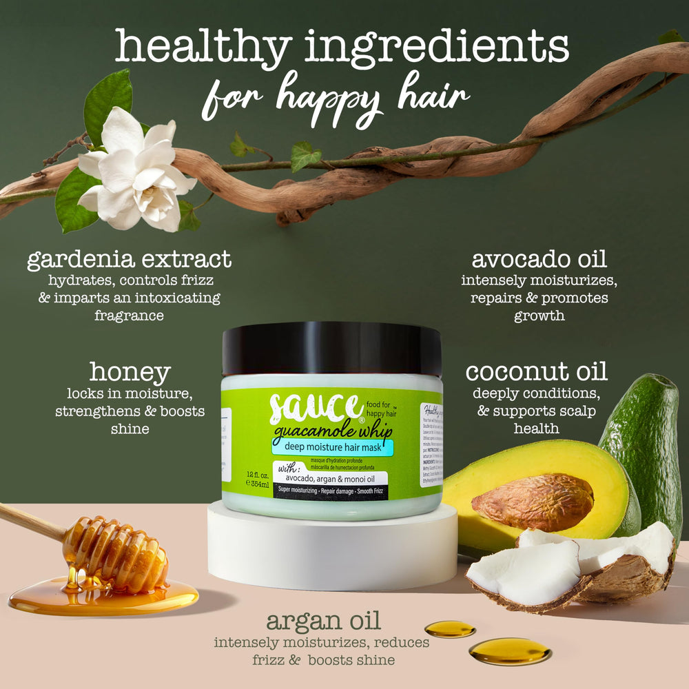 Application rapide du masque Guacamole sur cheveux humides 3–5 minutes.