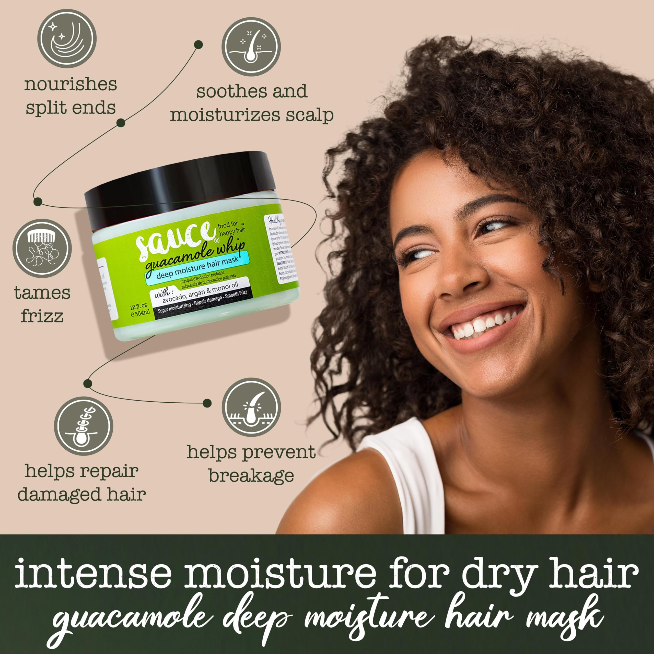 Texture crème Guacamole riche pour cheveux, douceur et hydratation.
