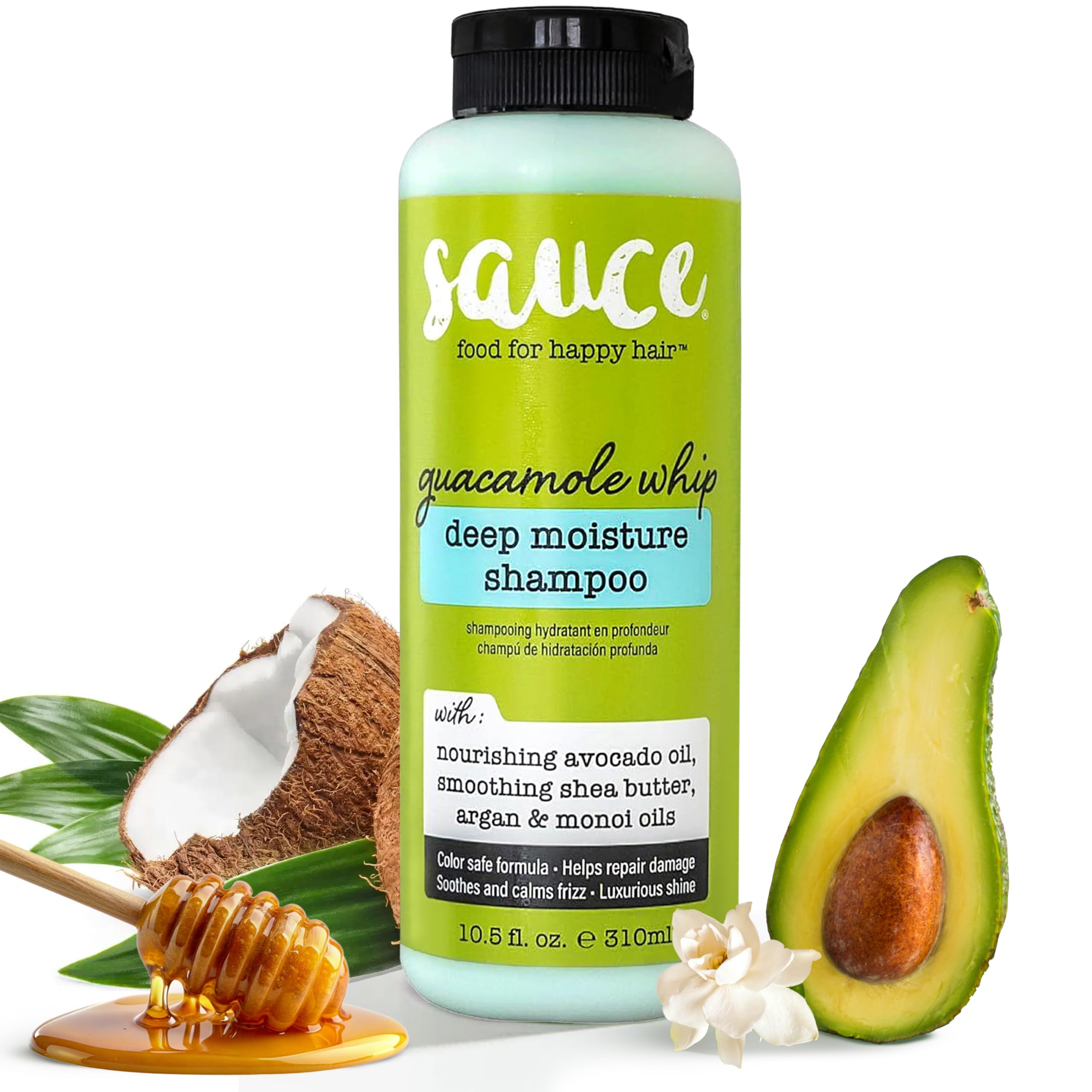 SAUCE BEAUTY Guacamole Whip – bouteille visible, hydratation légère pour cheveux éclatants.