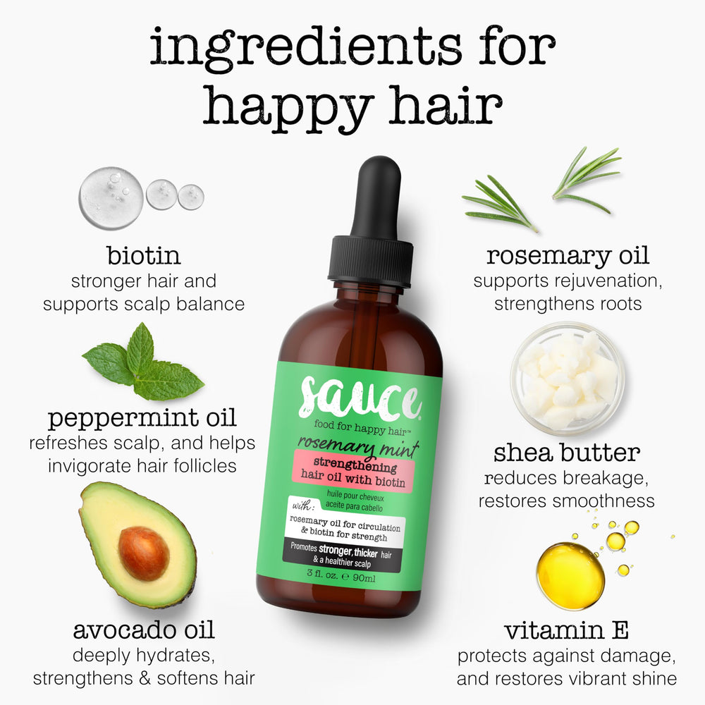 SAUCE BEAUTY Huile cheveux Rosmarin Menthe – longueurs brillantes et démêlage facilité après application.