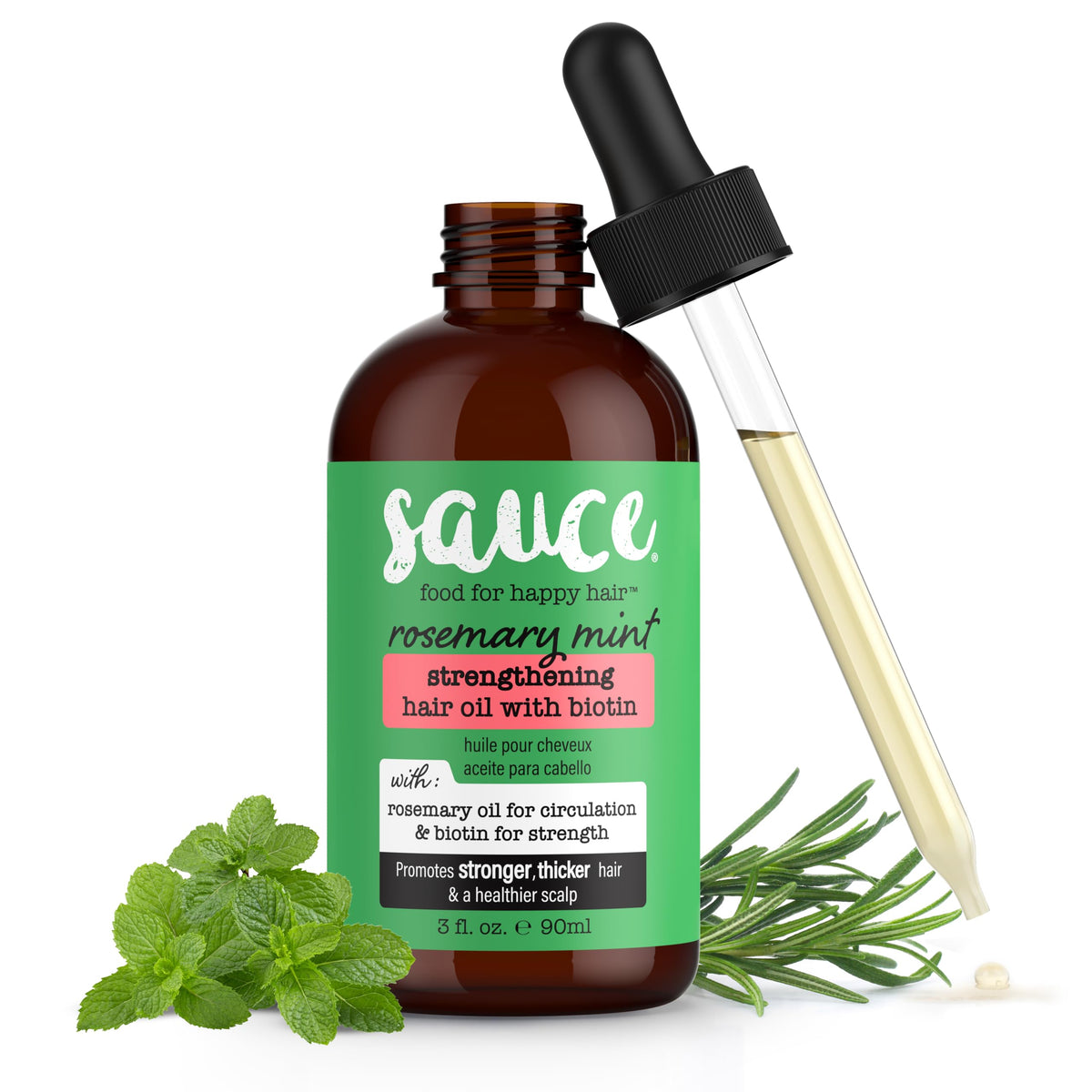 SAUCE BEAUTY Huile cheveux Rosmarin Menthe – bouteille, nourrit longueurs et racine pour un fini lisse.