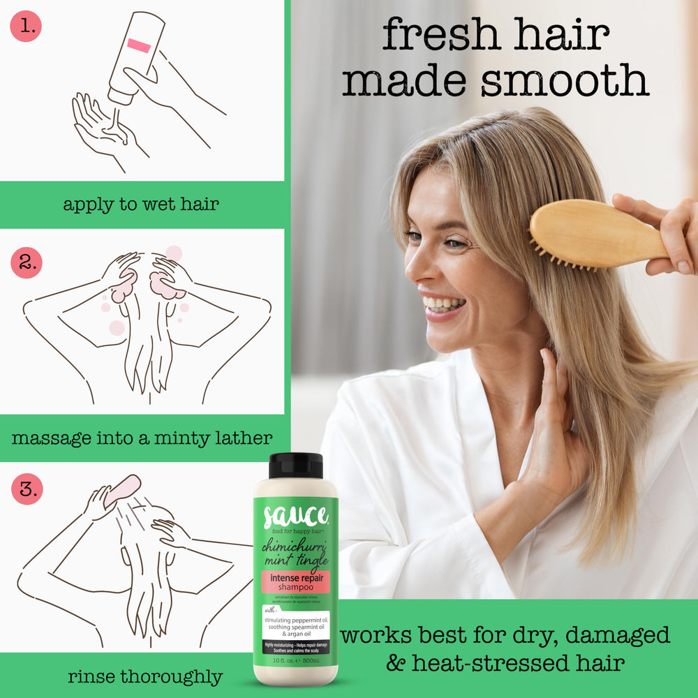 SAUCE Shampoo closeup demonstrates improved elasticity and shine