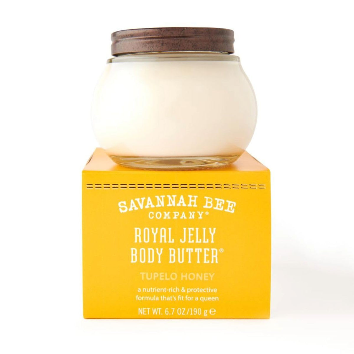 Savannah Bee Company Gelée Royale Body Butter dans un bocal en verre, hydratation durable.